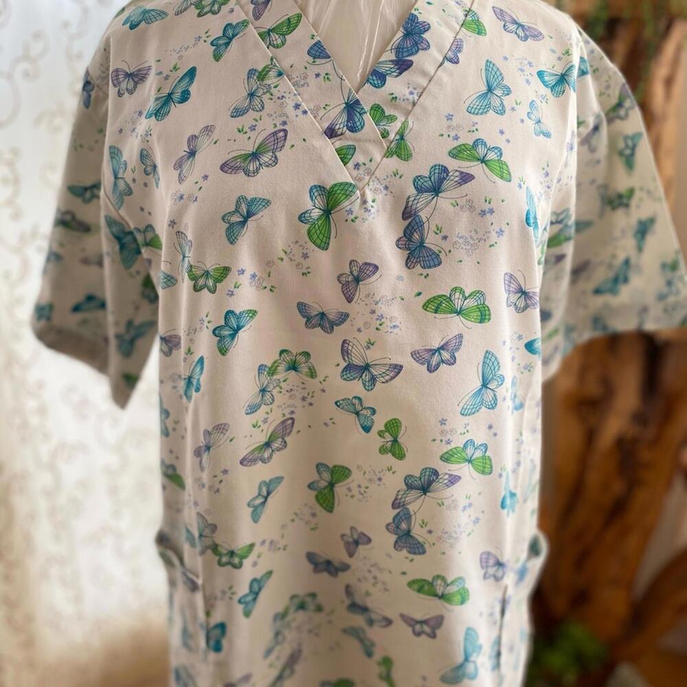 Natural Uniforms Butterfly Print Scrub Top, Medium